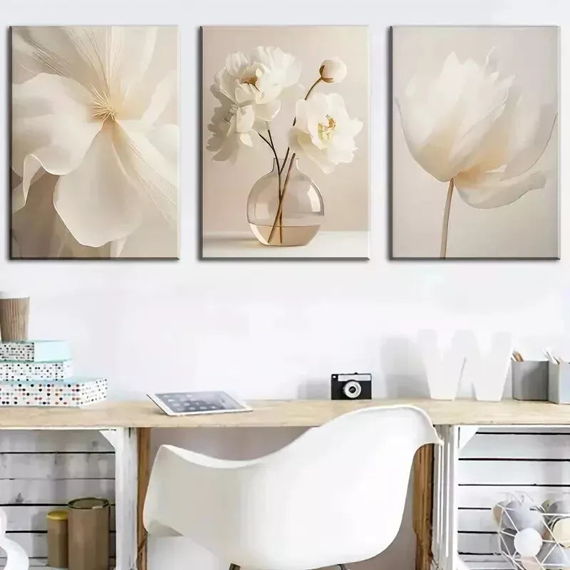 3pcs Beige Pure Flowers, Modern Beautiful Floral Wall Art Set Canvas Framed 50x70cm - High Quality Print 100% Australian Made Wall Canvas Ready to Hang - Bella Home Decor