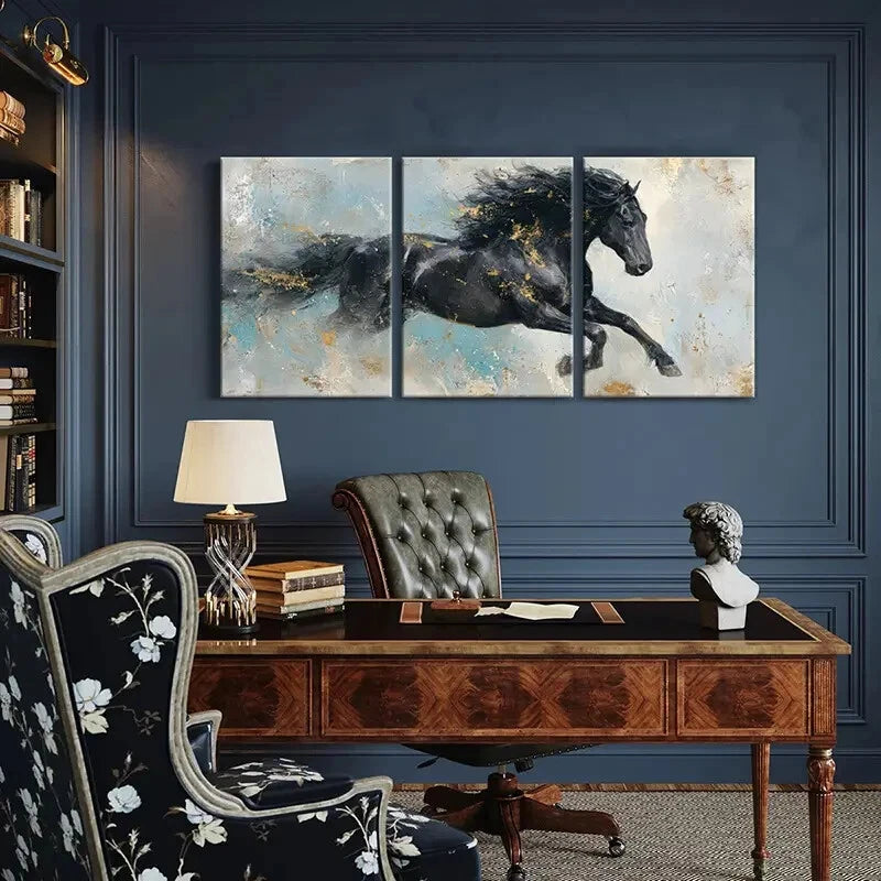 3pcs Black Golden Horse Running Abstract Art Metal Print Ready to Hang Art
