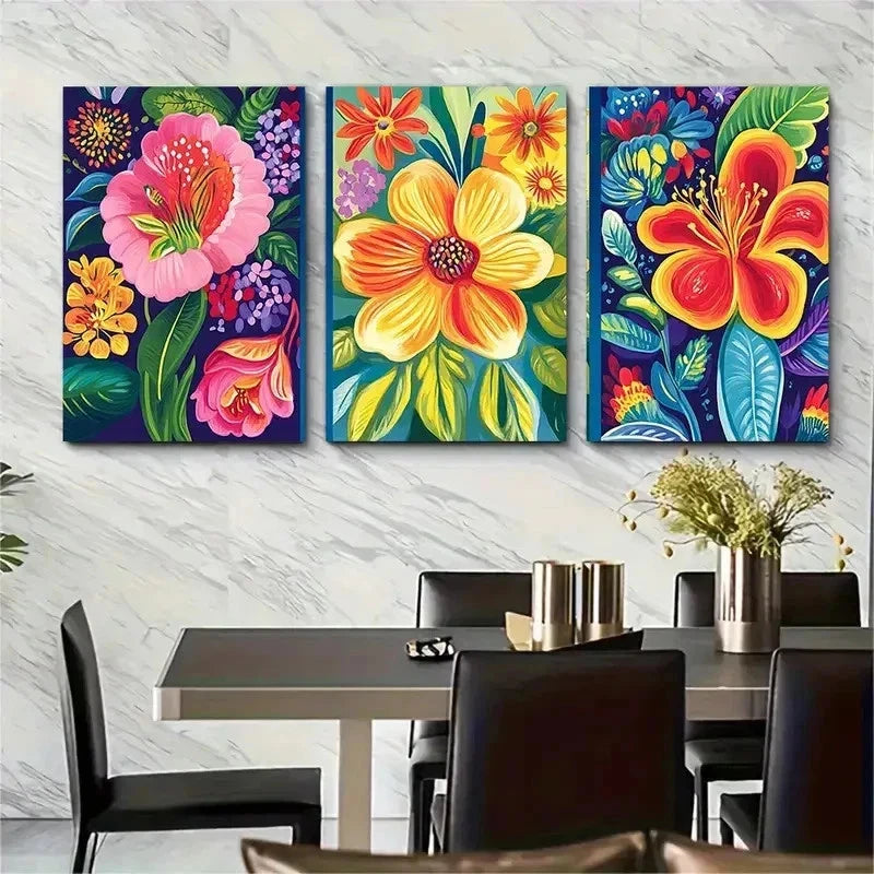 3pcs Vibrant Floral Decor Nature Perfect Wall Art Set Canvas Framed 50x70cm - High Quality Print 100% Australian Made Wall Canvas Ready to Hang