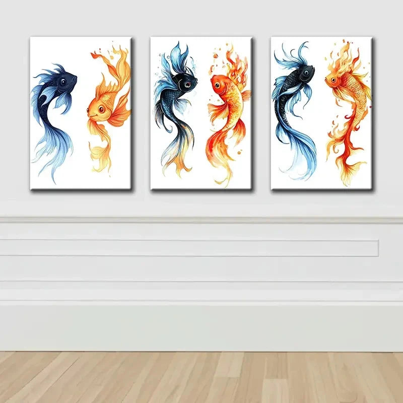 3pcs Red Fish And Blue Fish Wall Art Set Canvas Framed 60x90cm - High Quality Print 100% Australian Made Wall Canvas Ready to Hang