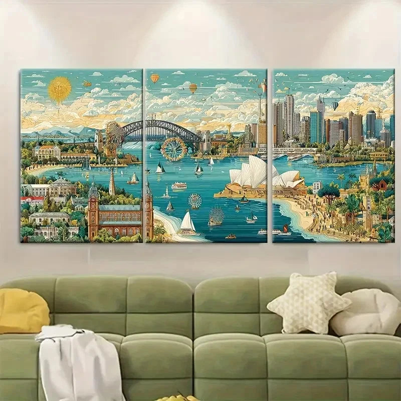 3pcs Adelaide Coastal Cityscape Wall Art Set Canvas Framed 50x70cm - High Quality Print 100% Australian Made Wall Canvas Ready to Hang - Bella Home Decor