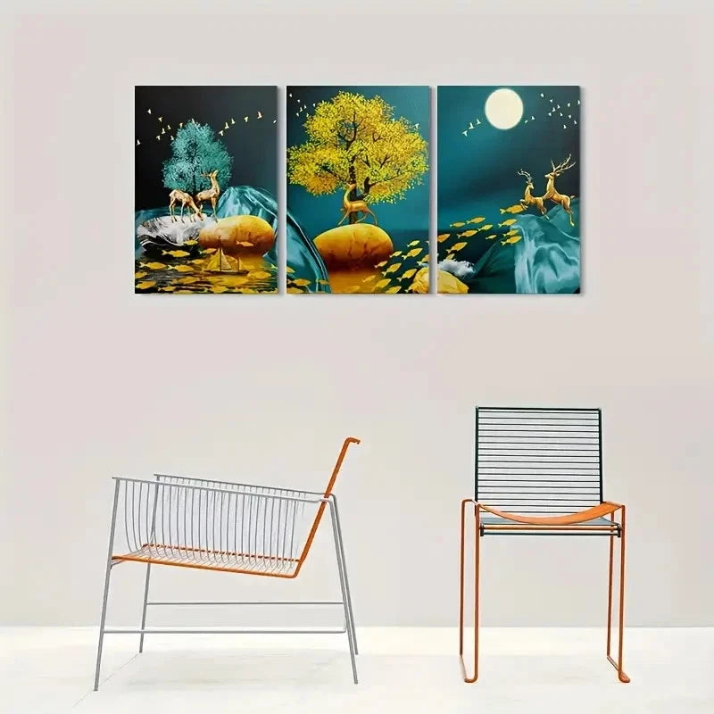 3pcs Golden Blue Deer and Tree Wall Art Set Canvas Framed 60x90cm - High Quality Print 100% Australian Made Wall Canvas Ready to Hang