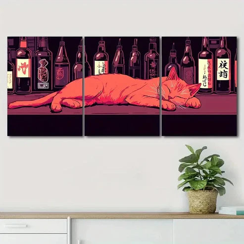 3pcs Peaceful Adorable Cat Cute Bar Perfect Wall Art Canvas Unframed - High Quality Print 100% Australian Made Wall Canvas