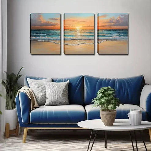 3pcs Serene Beach Scene Waves, and Golden Sunset Wall Art Canvas Unframed - High Quality Print 100% Australian Made Wall Canvas