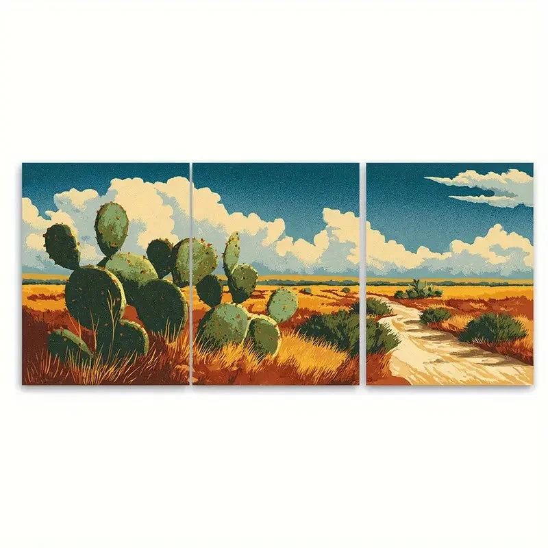 3pcs Texas Travel Cacti Illustration Wall Art Set Canvas Framed 60x90cm - High Quality Print 100% Australian Made Wall Canvas Ready to Hang