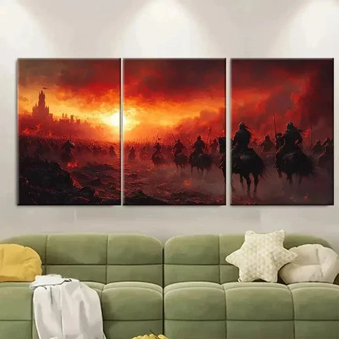 3pcs Medieval Battle Fiery Sky ER Wall Art Set Canvas Unframed – High Quality Print 100% Australian Made Wall Canvas - Bella Home Decor
