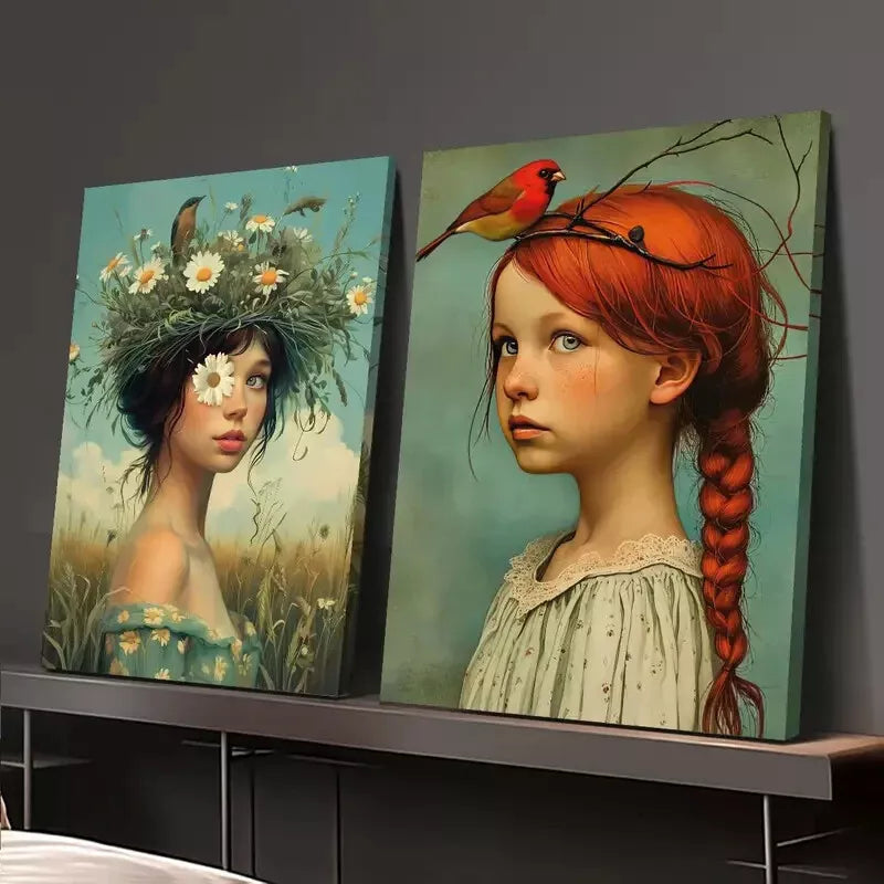 2pcs Woman, Birds, Country Farmhouse Canvas Framed 50x75cm - High Quality Print 100% Australian Made Wall Canvas Ready to Hang - Bella Home Decor