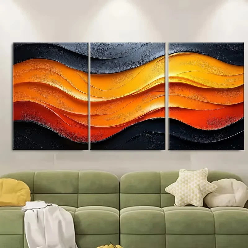 3pcs Urban Abstract Wavy Orange Yellow Black Desig Metal Print Ready to Hang Art
