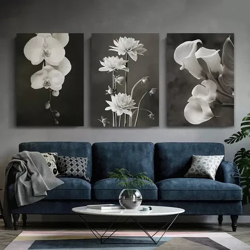 3pcs Beautiful Flower Painting Black And White Canvas Framed 60x90cm - High Quality Print 100% Australian Made Wall Canvas Ready to Hang
