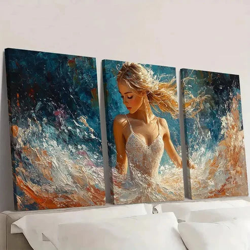3pcs White Dress Blue & Golden Dance T Wall Art Set Canvas Unframed - High Quality Print 100% Australian Made Wall Canvas - Bella Home Decor