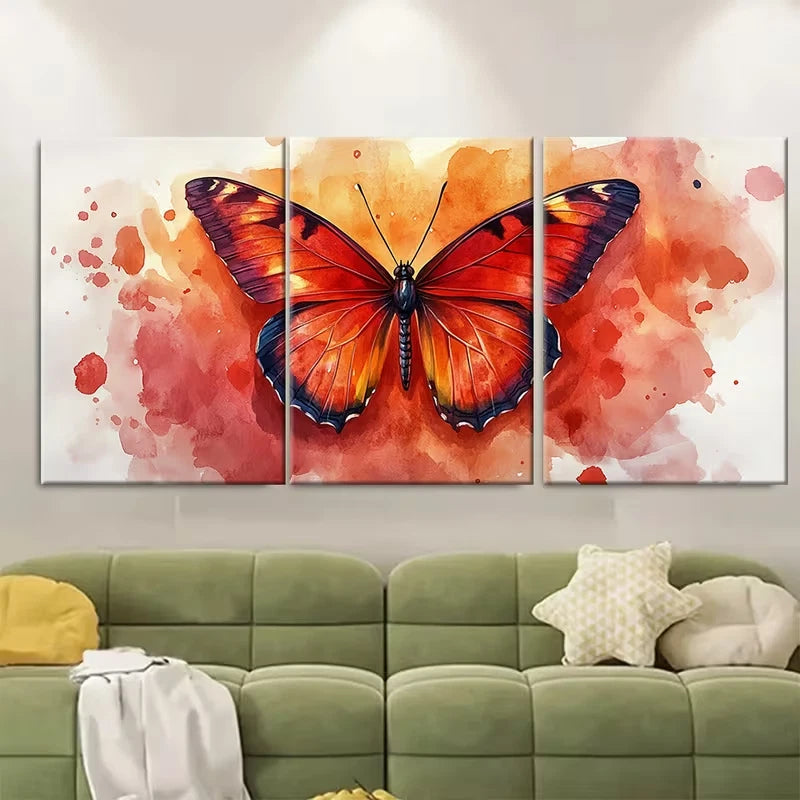 3pcs Vibrant Butterfly Watercolor Red Orange Hues Metal Print Ready to Hang Art