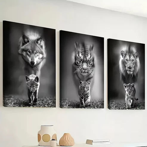 3pcs Black & White Wildlife Wolf, Tiger, Lion Wall Art Canvas Unframed - High Quality Print 100% Australian Made Wall Canvas