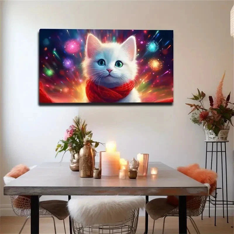 Both Shape Cat Spirit White Wall Art Canvas Office Home Room Framed 120x60cm