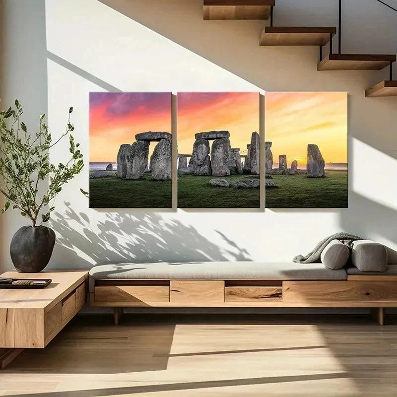 3pcs Stonehenge Sunset Natural Landscape Wall Art Set Canvas Framed 50x70cm - High Quality Print 100% Australian Made Wall Canvas Ready to Hang