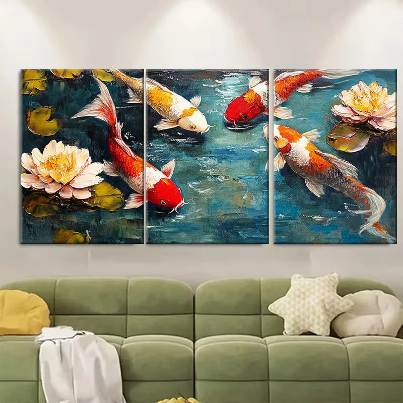 3pcs Koi Fish Painting Metal Print Ready to Hang Art