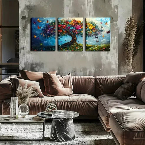 3pcs Tree Of Life, Colorful Butterflies Wall Art Canvas Unframed - High Quality Print 100% Australian Made Wall Canvas