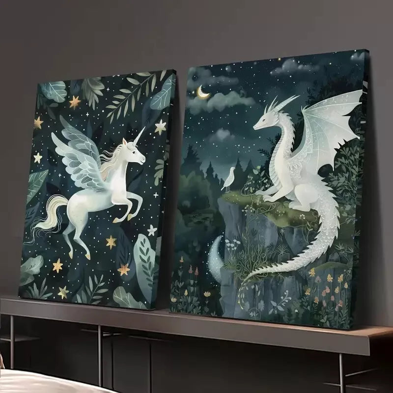 2pcs Unicorn, Dragon, Magic Forest, Fantasy Canvas Framed 50x75cm - High Quality Print 100% Australian Made Wall Canvas Ready to Hang - Bella Home Decor