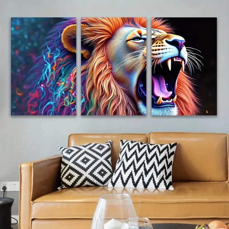 3pcs Roaring Lion Artwork Wall Art Set Canvas Framed 50x70cm - High Quality Print 100% Australian Made Wall Canvas Ready to Hang