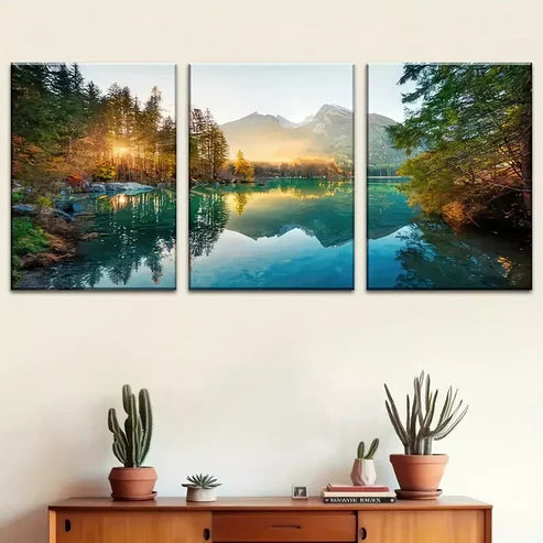3pcs Sunrise Mountains, Forest, Lake Reflections Wall Art Canvas Unframed - High Quality Print 100% Australian Made Wall Canvas