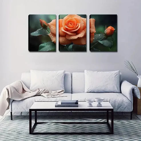 3pcs A Blooming Orange Rose Wall Art Set Wall Art Canvas Unframed - High Quality Print 100% Australian Made Wall Canvas - Bella Home Decor