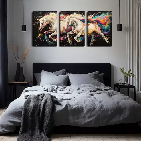 3pcs Two Magic White Horses Wall Art Set Canvas Unframed - High Quality Print 100% Australian Made Wall Canvas