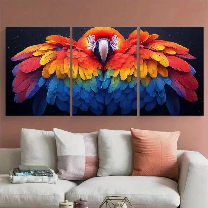 3pcs Scarlet Macaw Vibrant Rainbow Feathers Wall Art Set Canvas Framed 40x60cm - High Quality Print 100% Australian Made Wall Canvas Ready to Hang
