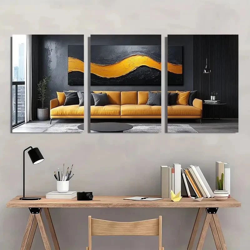 3pcs Chic Black Abstract Yellow Wall Art Set Canvas Framed 60x90cm - High Quality Print 100% Australian Made Wall Canvas Ready to Hang