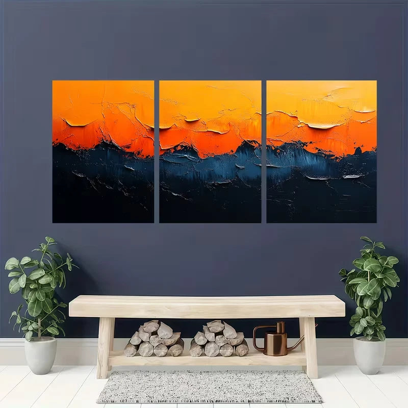 3pcs Abstract Bright Orange, Blue, And Black Metal Print Ready to Hang Art