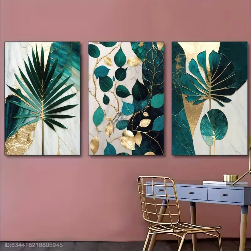 3pcs Stylish Green and Golden Leaf Metal Print Ready to Hang Art