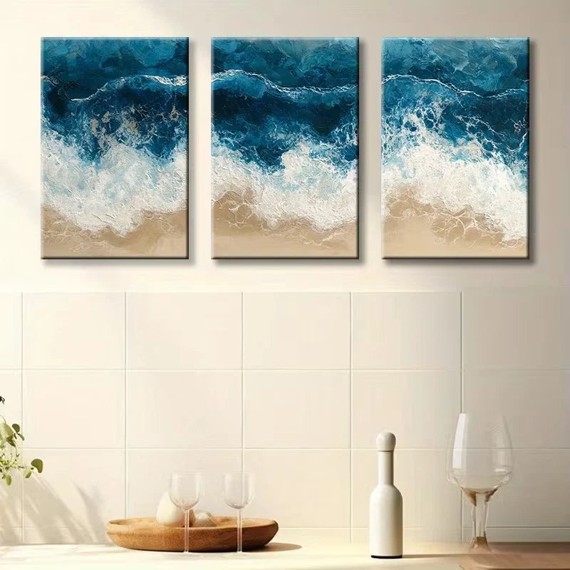 3pcs Beach Waves Illustration Wall Art Set Canvas Framed 50x70cm - High Quality Print 100% Australian Made Wall Canvas Ready to Hang - Bella Home Decor