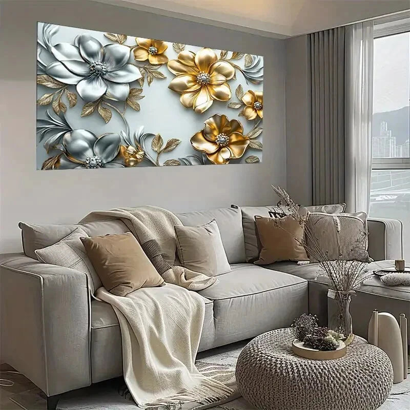 Modern Floral Golden & Silver Wall Art wall canvas office home room framed 120x60cm - Bella Home Decor