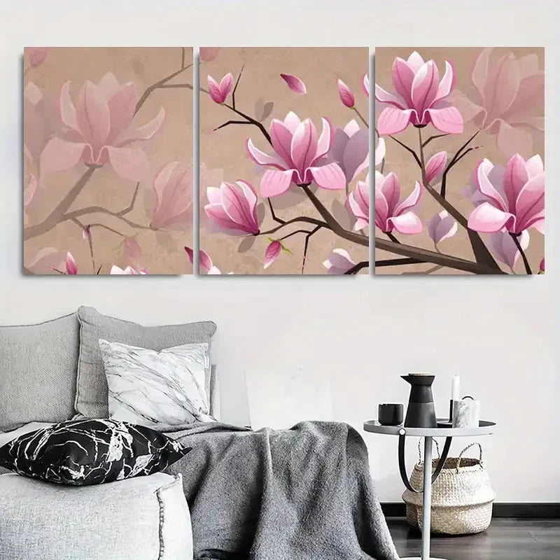 3pcs Pink Magnolia Botanical Branch Wall Art Set Canvas Framed 60x90cm - High Quality Print 100% Australian Made Wall Canvas Ready to Hang