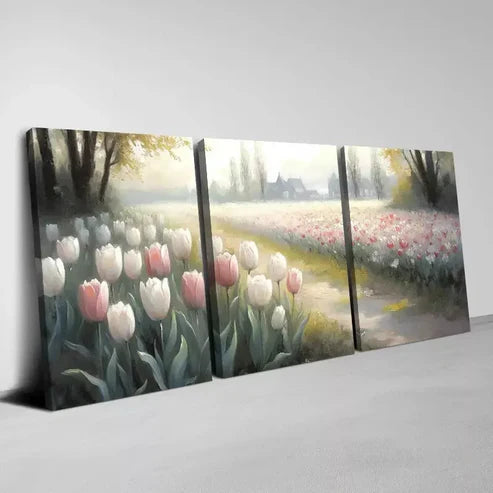 3pcs Rare Tulips Field with Building Painting Wall Art Set Canvas Unframed - High Quality Print 100% Australian Made Wall Canvas