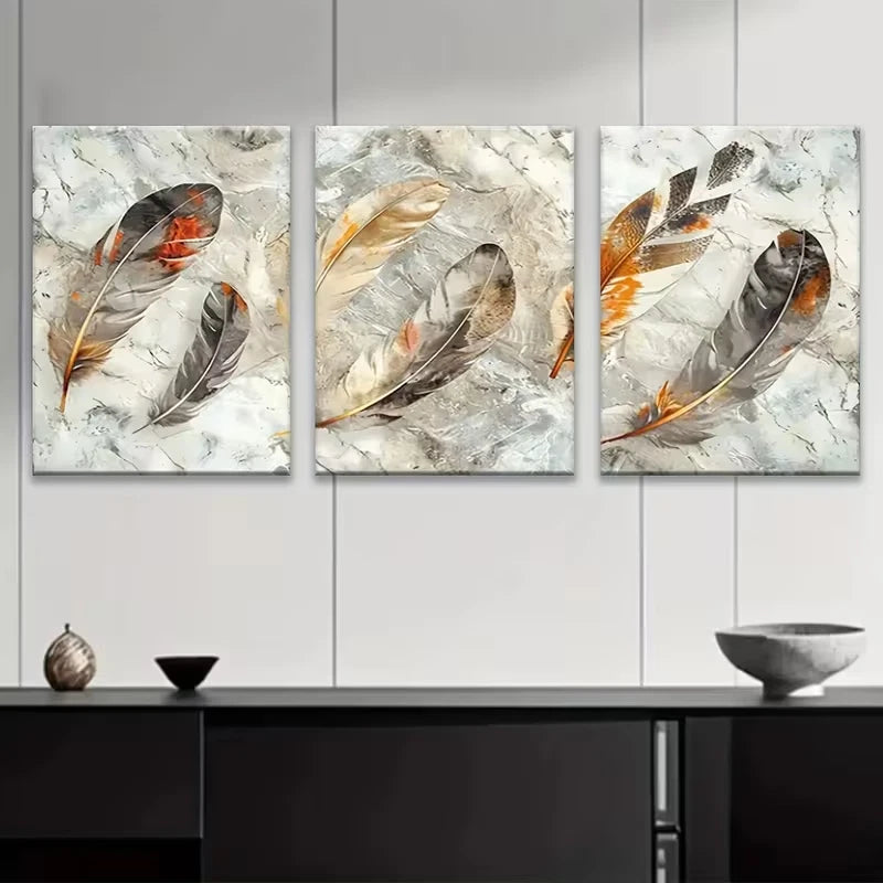 3pcs Neutral Tone Texture Background With Feathers Metal Print Ready to Hang Art