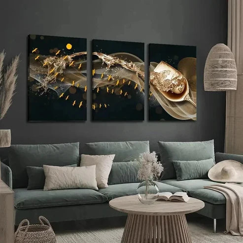 3pcs Champagne Golden Wine Glass Wall Art Set Canvas Unframed - High Quality Print 100% Australian Made Wall Canvas - Bella Home Decor