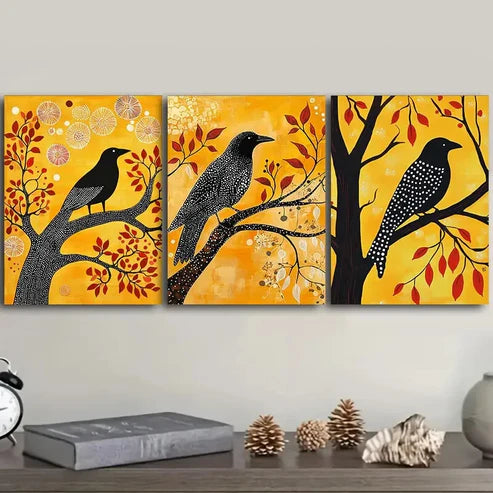 3pcs The psychic crow In Yellow Background Wall Art Set Canvas Unframed - High Quality Print 100% Australian Made Wall Canvas