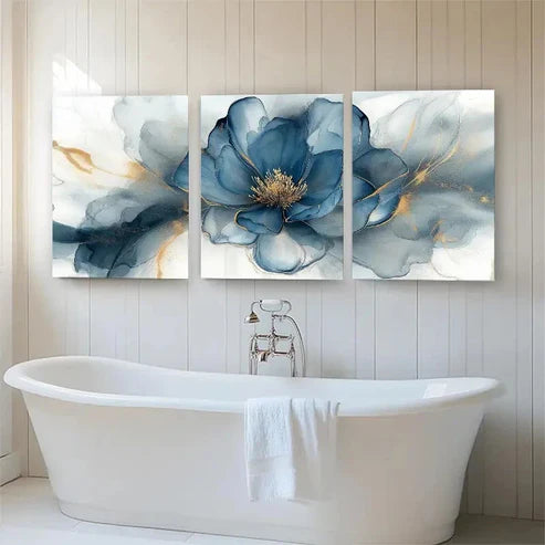 3pcs Elegant Blue Golden Peony Flower Perfect Wall Art Canvas Unframed - High Quality Print 100% Australian Made Wall Canvas