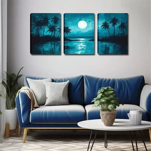 3pcs Paintings with Palm Trees & Full Moon Wall Art Canvas Unframed - High Quality Print 100% Australian Made Wall Canvas