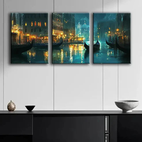 3pcs Venetian Grand Canal Night Moon Perfect Wall Art Set Canvas Unframed - High Quality Print 100% Australian Made Wall Canvas
