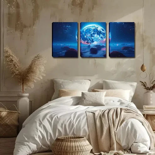3pcs Giant Bright Moon Wall Art Canvas Unframed - High Quality Print 100% Australian Made Wall Canvas - Bella Home Decor