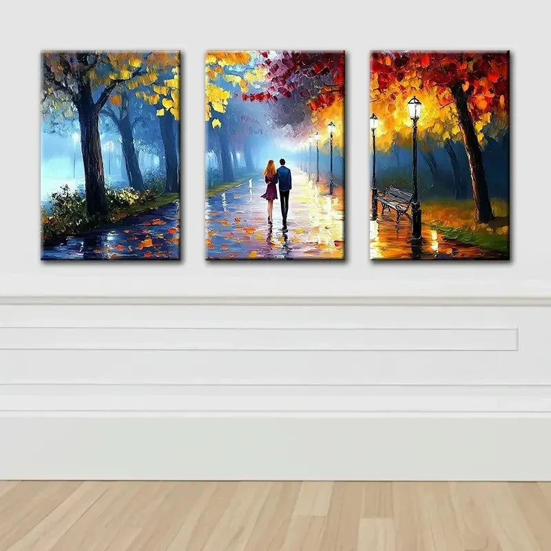 3pcs Evening Walk In The Park Painting Wall Art Set Canvas Framed 60x90cm - High Quality Print 100% Australian Made Wall Canvas Ready to Hang