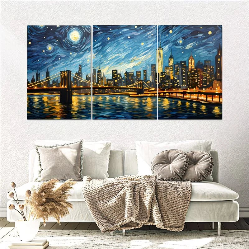 3pcs New York City Starry Night Skyline Wall Art Set Canvas Framed 40x60cm - High Quality Print 100% Australian Made Wall Canvas Ready to Hang - Bella Home Decor