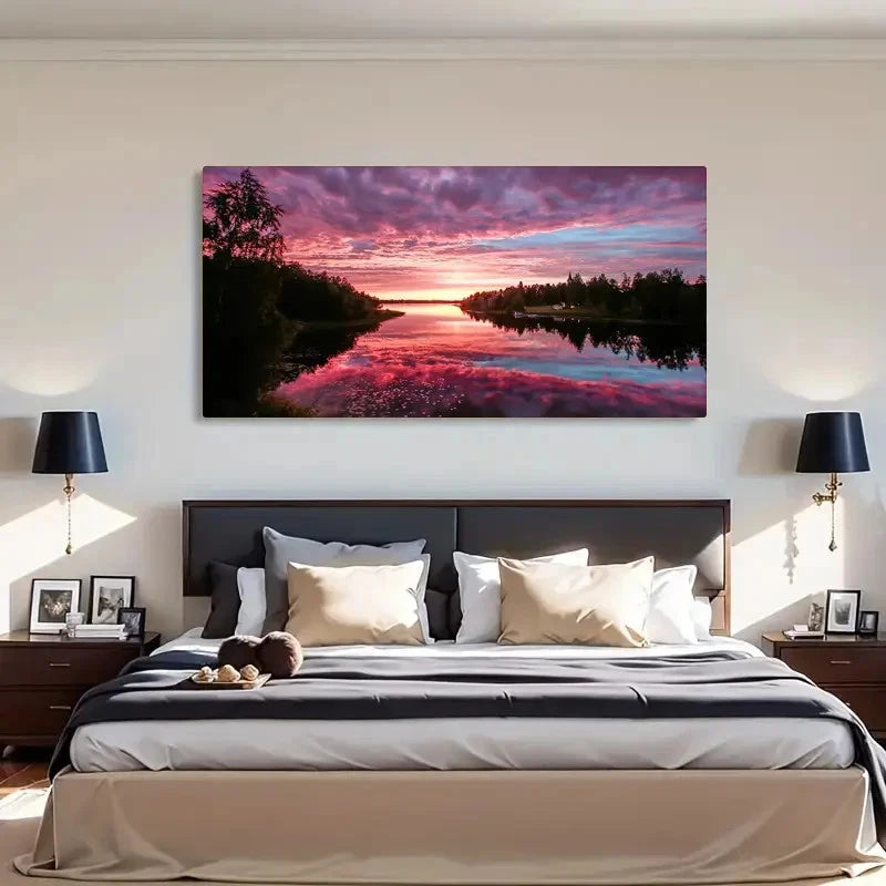 Serene Lake Reflection Purple Wall Art Canvas Office Home Room Framed 120x60cm