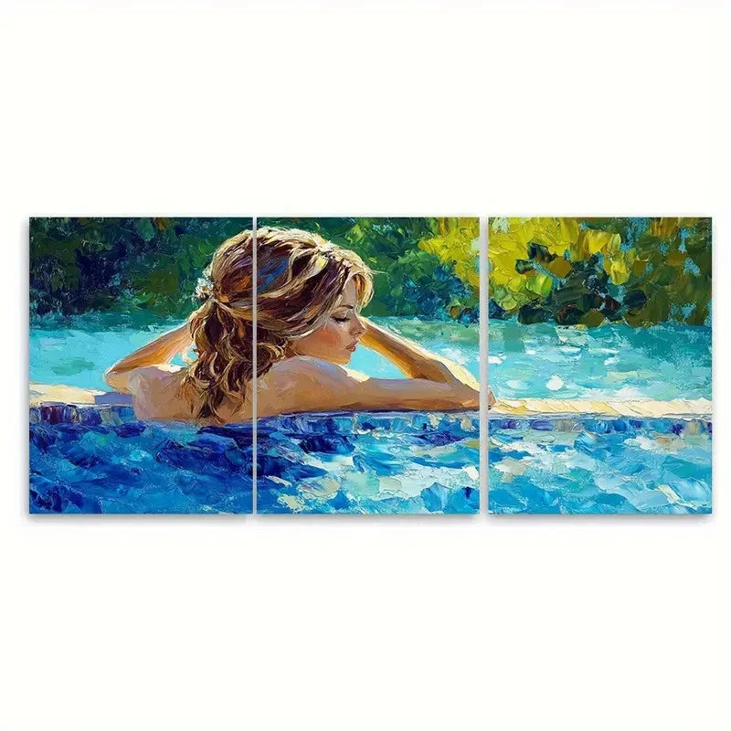 3pcs Woman by Pool Relaxing Summer Tranquility Wall Art Set Canvas Framed 40x60cm - High Quality Print 100% Australian Made Wall Canvas Ready to Hang