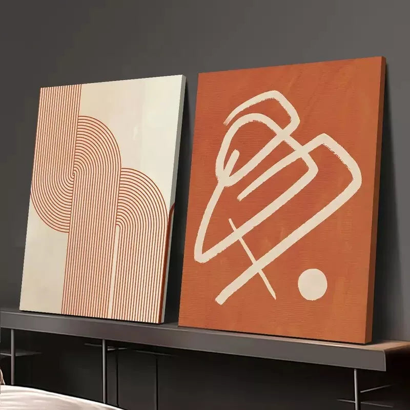 2pcs Bohemian Abstract Orange Geometric Canvas Framed 50x75cm - High Quality Print 100% Australian Made Wall Canvas Ready to Hang