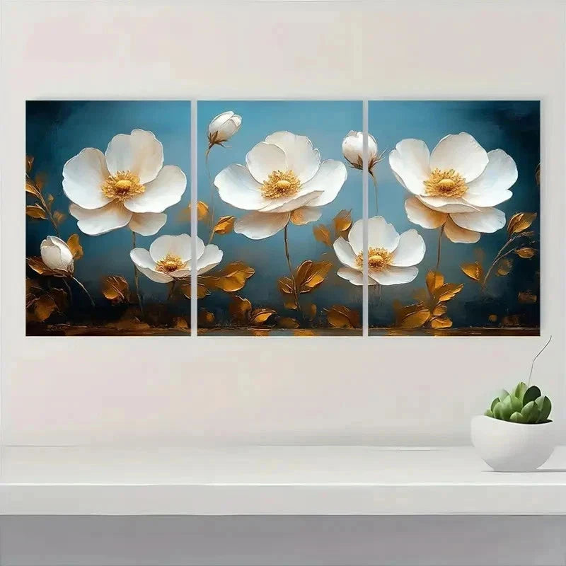 3pcs Golden Leaves - Classic White Flowers p Wall Art Set Canvas Framed 50x70cm - High Quality Print 100% Australian Made Wall Canvas Ready to Hang - Bella Home Decor