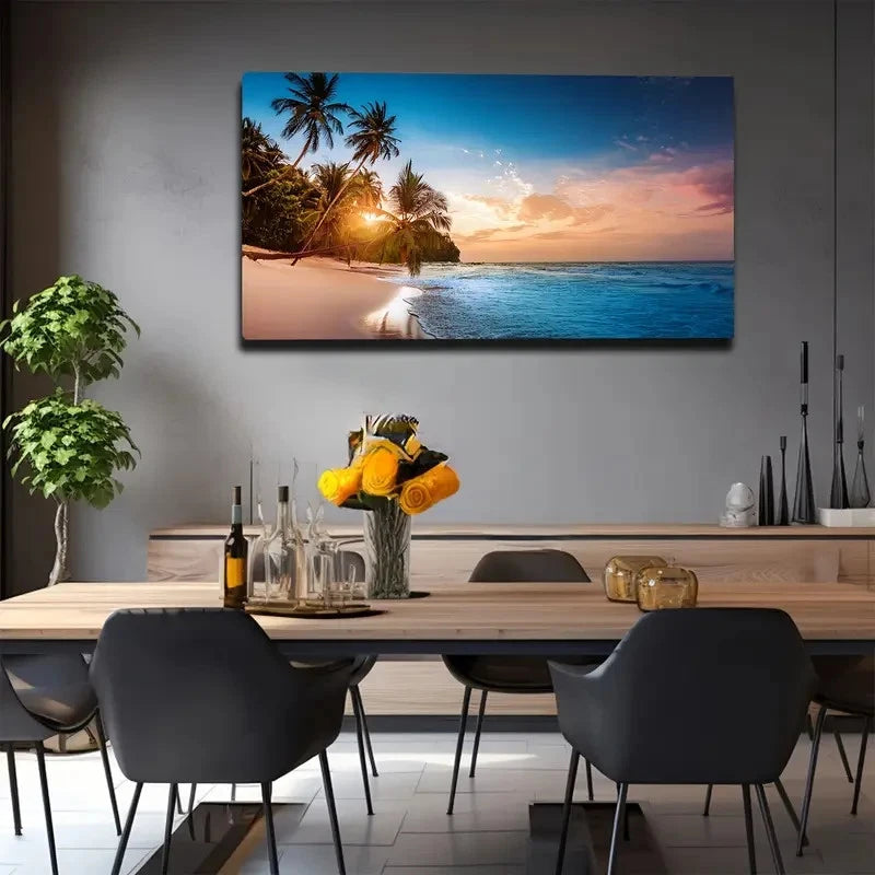 Tropical Beach Sunset Wall Art Canvas Office Home Room Framed 120x60cm