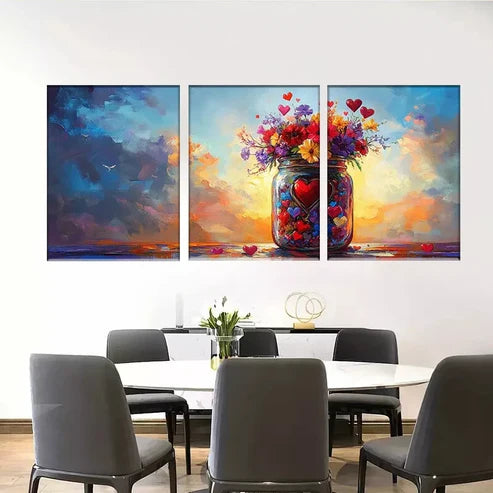3pcs Vibrant Floral Jar Colorful Sunset Bouquet Wall Art Canvas Unframed - High Quality Print 100% Australian Made Wall Canvas