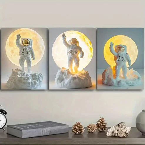 3pcs Cartoon Astronauts on the Moon Wall Art Set Canvas Unframed - High Quality Print 100% Australian Made Wall Canvas - Bella Home Decor