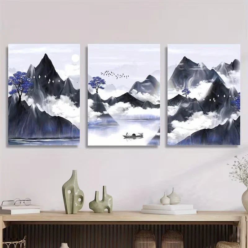 3pcs Asian-Inspired Chinese Landscape Metal Print Ready to Hang Art